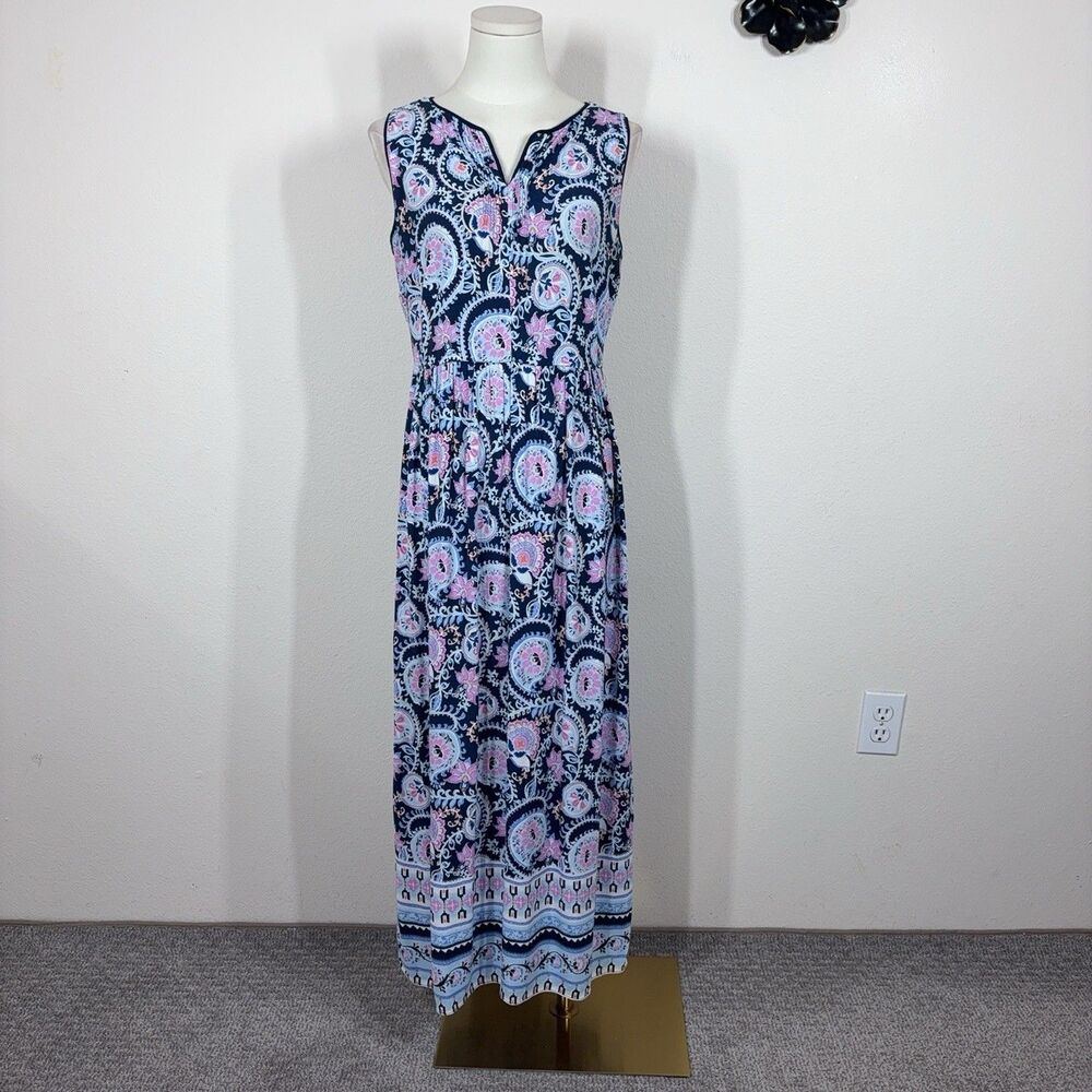 Talbots Dress Womens 2 Blue Paisley Maxi Sundress Boho Lined Rayon Summer Casual